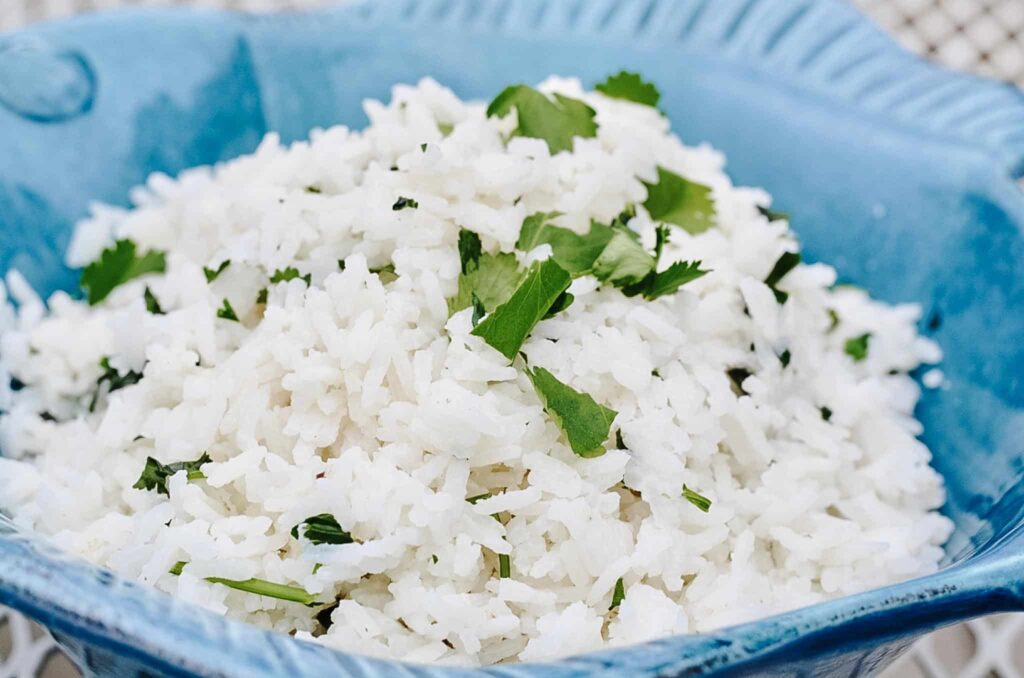 Cilantro Lime Coconut Rice in a Blue Fish Bowl