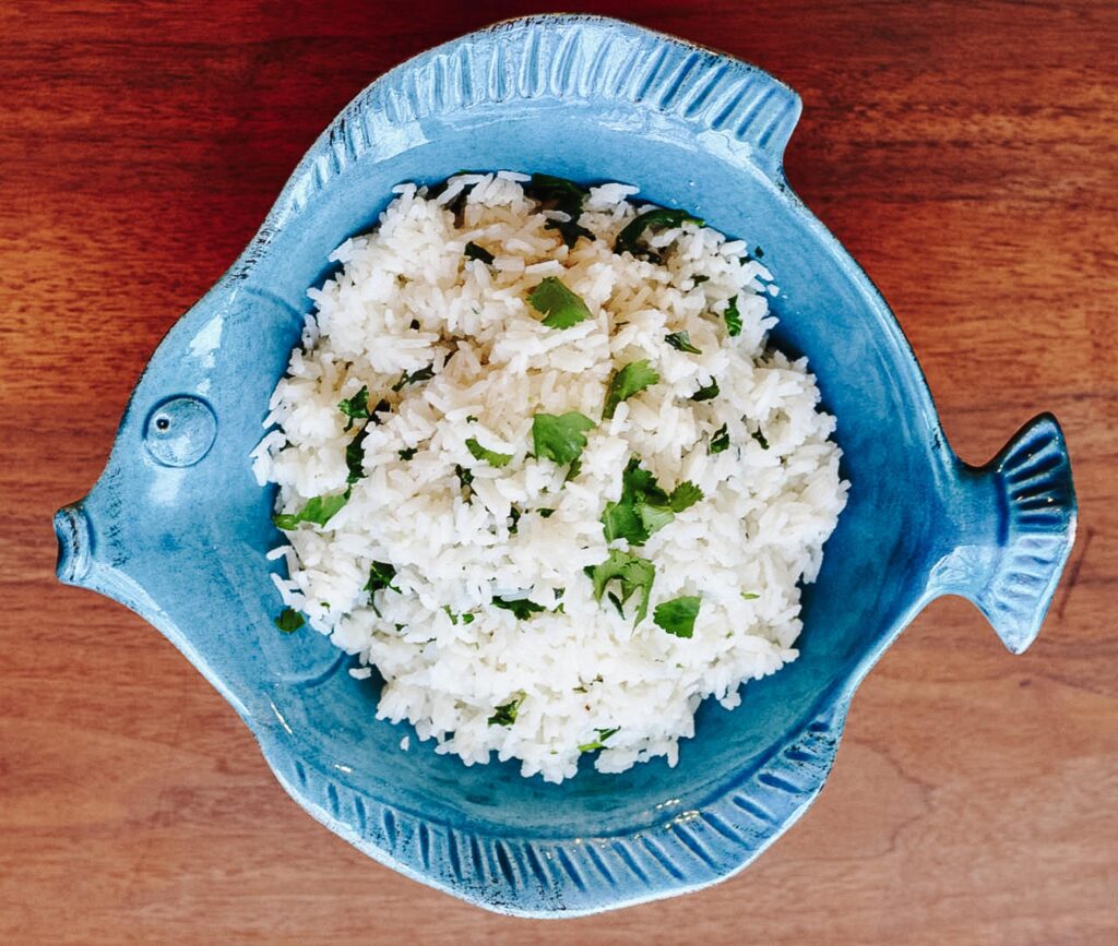 Cilantro Lime Coconut Rice in a Blue Fish Bowl