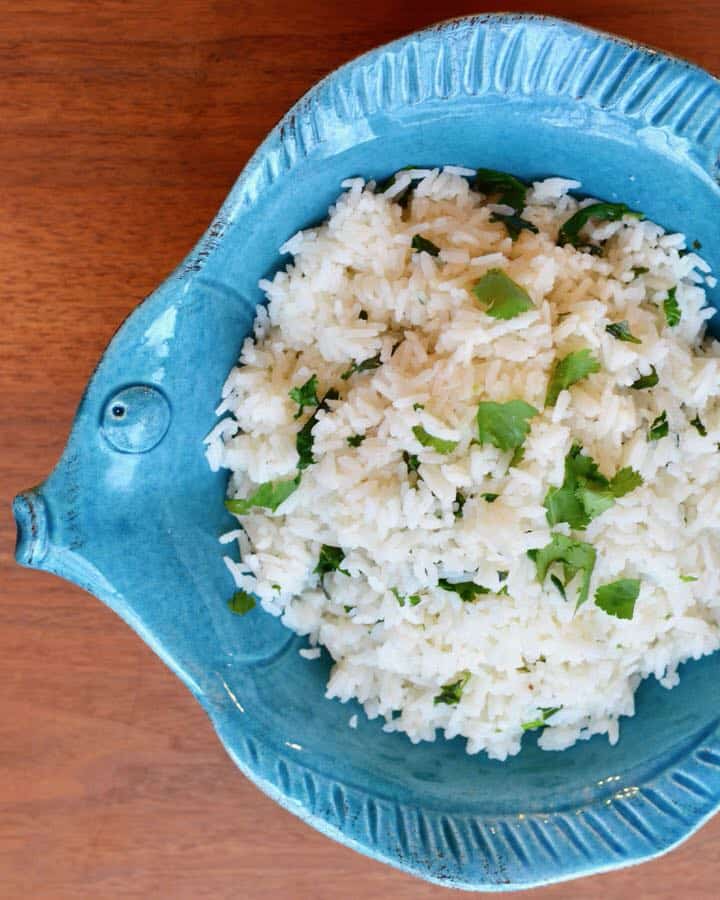 Cilantro Lime Coconut Rice in a Blue Fish Bowl