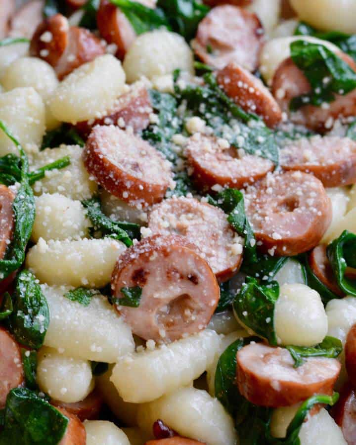 Sausage, spinach and gnocchi skillet meal. Quick and delicious!