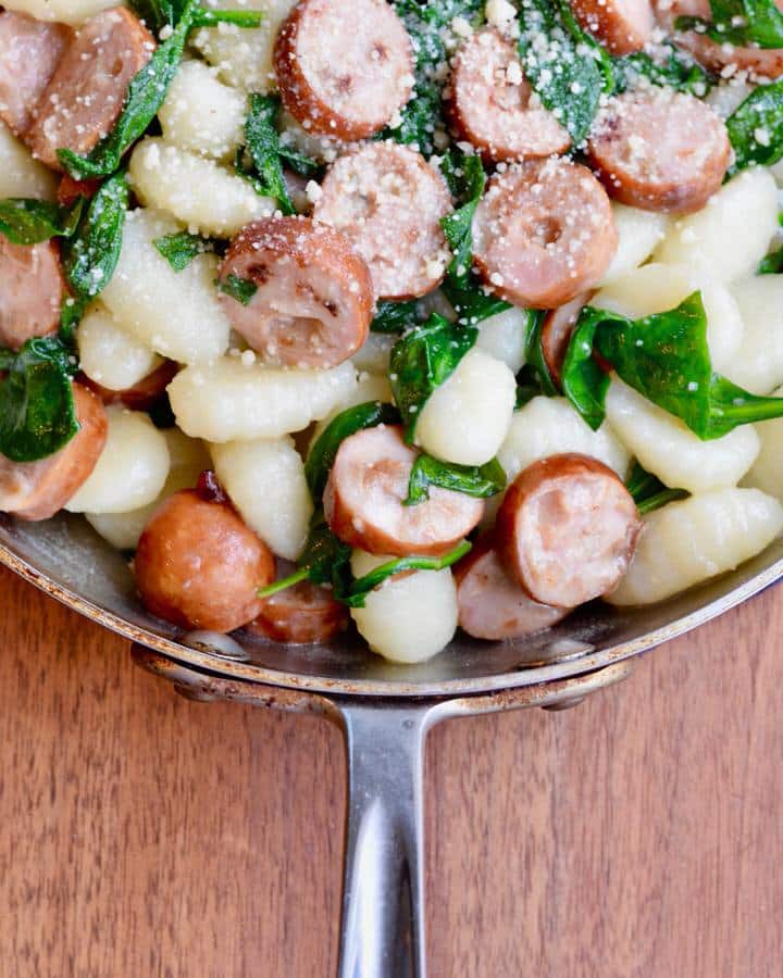 Sausage, spinach and gnocchi skillet meal. Quick and delicious!