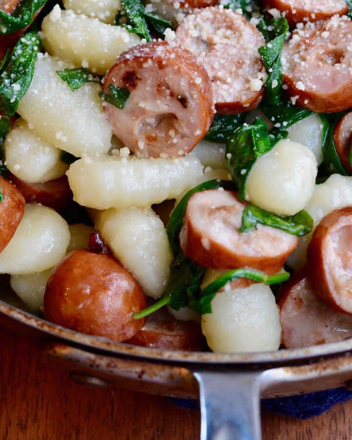 Sausage, spinach and gnocchi skillet meal. Quick and delicious!