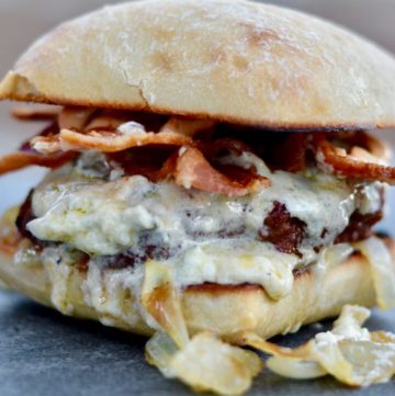 Burger with Cambazola Cheese, Bacon, Caramelized Onions and Chipotle Mayo. THE BEST BURGER RECIPE EVER!
