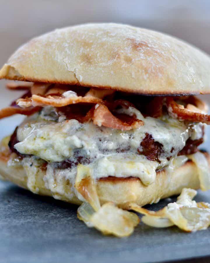 Burger with Cambazola Cheese, Bacon, Caramelized Onions and Chipotle Mayo. THE BEST BURGER RECIPE EVER!