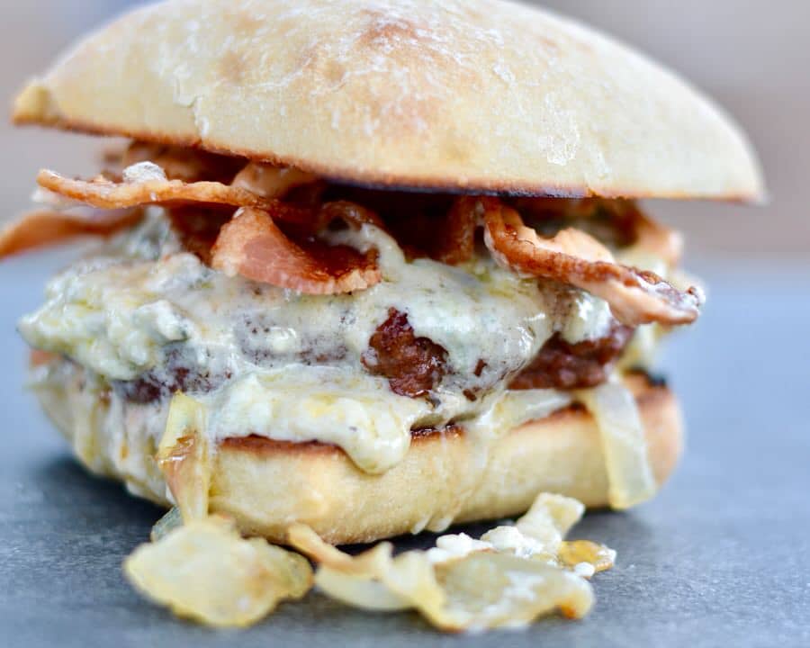 Burger with Cambazola Cheese, Bacon, Caramelized Onions and Chipotle Mayo. THE BEST BURGER RECIPE EVER!