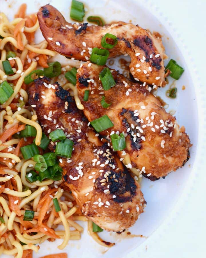 Spicy Chicken Skewers and Cool Soba Noodles | Grilled Chicken tenders on a skewer marinated in an amazing spicy sauce