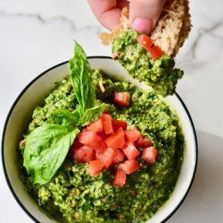 Super greens pesto made with kale, basil and almonds. So packed with nutrients! Plus, you and your kids will love it!