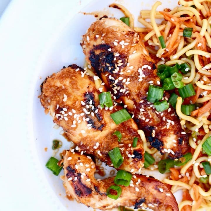 Spicy Chicken Skewers and Cool Soba Noodles | Grilled Chicken tenders on a skewer marinated in an amazing spicy sauce