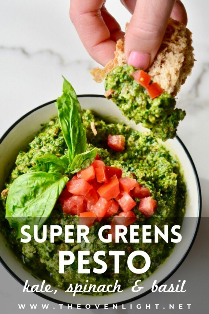 Super greens pesto made with kale, basil and almonds. So packed with nutrients! Plus, you and your kids will love it! #pesto #onebowlrecipe #healthy