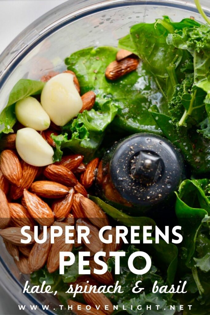 Super greens pesto made with kale, basil and almonds. So packed with nutrients! Plus, you and your kids will love it! #pesto #onebowlrecipe #healthy