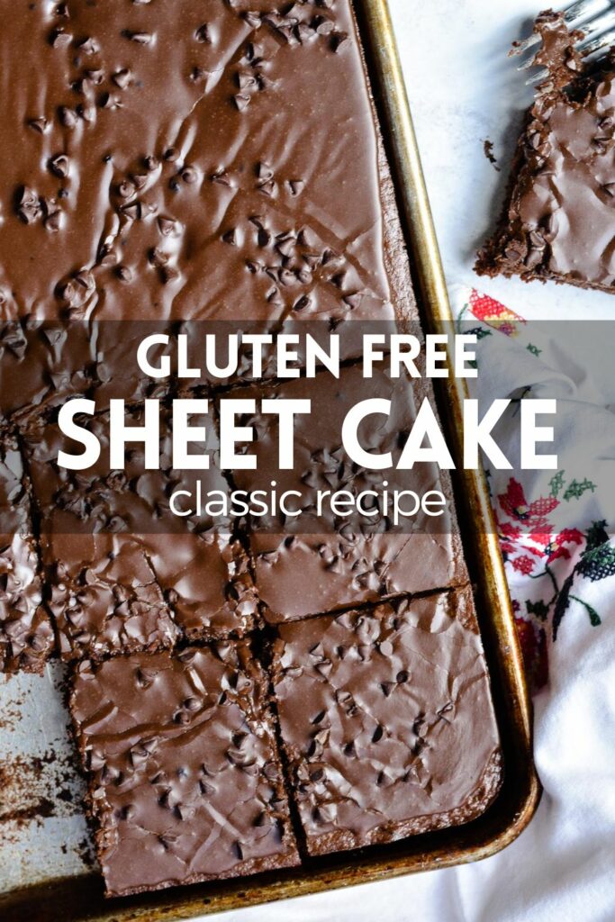 Gluten Free Classic Sheet Cake - moist, fluffy and perfectly sweet, this cake is a total crowd pleaser. #sheetcake #chocolatecake #glutenfree