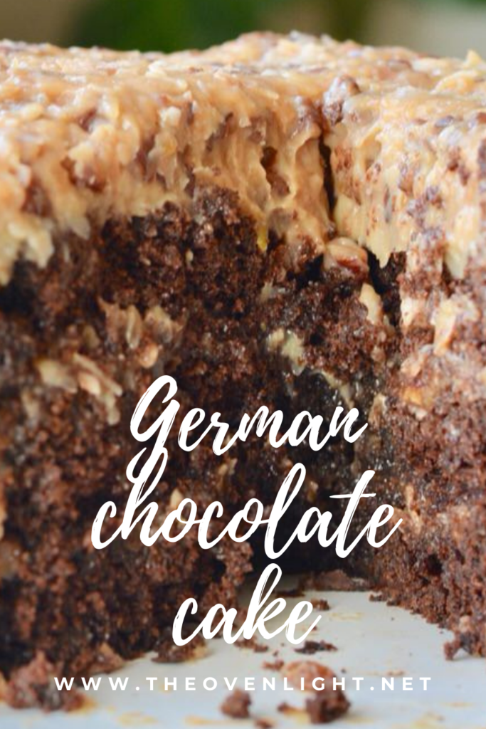 Perfectly dense German Chocolate Cake. Made with chocolate chips, plenty of coconut and pecans. Perfect for a birthday or any celebration! #germanchocolate #cake #chocolate