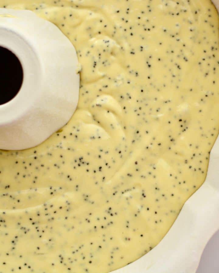 Lemon Poppy Seed Cake mix in bundt pan.