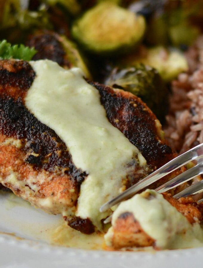 Blackened chicken with avocado crema. Healthy and delicious weeknight meal. Spice up your chicken with this simple and quick recipe!