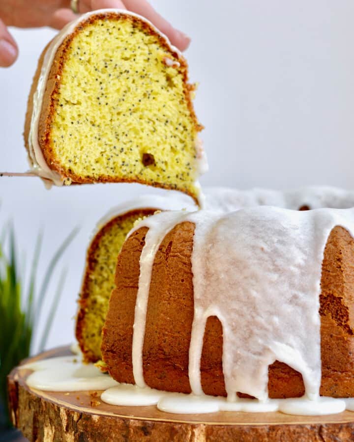 Lemon Poppy Seed Cake mix in bundt pan.