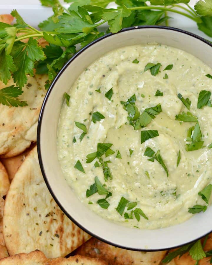 White Bean and Feta Dip with Homemade Baked Pita Chips