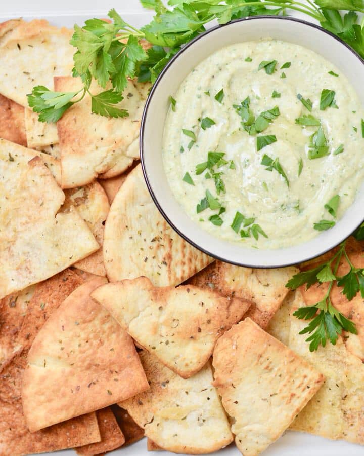 White Bean and Feta Dip with Homemade Baked Pita Chips