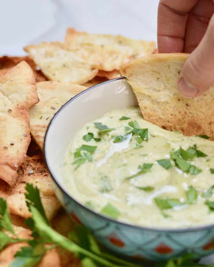 White Bean and Feta Dip with Homemade Baked Pita Chips