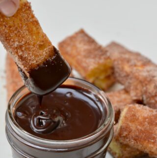 Pound cake churros with chocolate dipping sauce - perfect for Cinco de Mayo dessert!