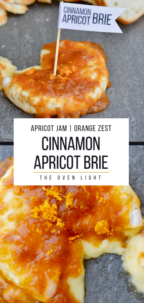 Apricot cinnamon brie cheese appetizer - crowd pleaser and super quick to prep! Creamy and sweet with a little tang, this is everyone's favorite appetizer! #briecheese #apricotpreserves #orange #cinnamon #appetizer #cheese #cheeseboard