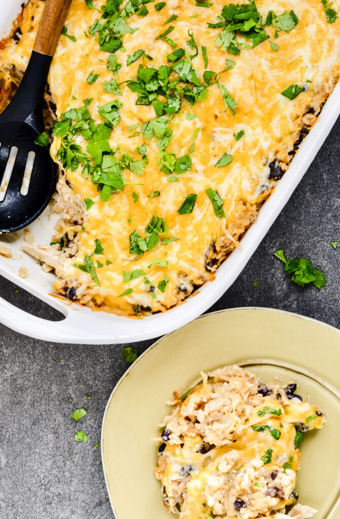 Chicken and Rice Bake with Salsa Verde | Super simple and healthy weeknight dinner, ready in a flash. Brown rice, salsa verde, cream cheese, chicken and black beans.