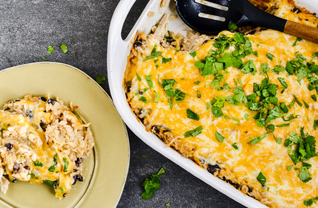 Chicken and Rice Bake with Salsa Verde | Super simple and healthy weeknight dinner, ready in a flash. Brown rice, salsa verde, cream cheese, chicken and black beans.