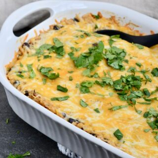 Chicken and Rice Bake with Salsa Verde | Super simple and healthy weeknight dinner, ready in a flash. Brown rice, salsa verde, cream cheese, chicken and black beans.