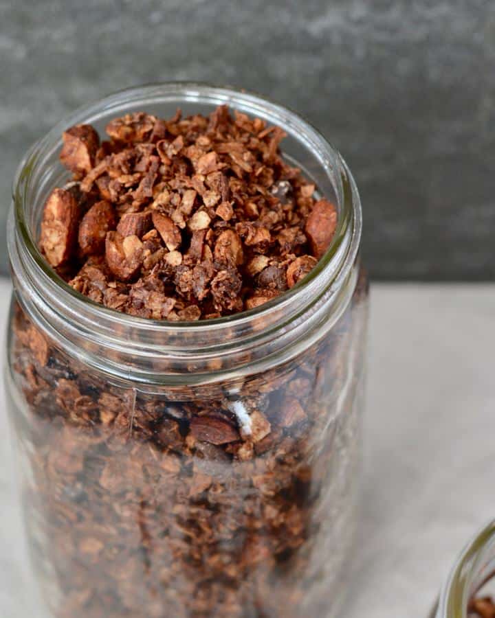 Chocolate Granola with almond, coconut and oats. Lightly sweetened with maple syrup. Perfect on top of raspberry yogurt!