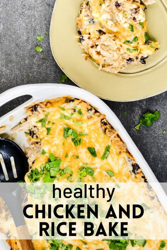 Chicken and Rice Bake with Salsa Verde | Super simple and healthy weeknight dinner, ready in a flash. Brown rice, salsa verde, cream cheese, chicken and black beans. #casserole #weeknightmeal #healthydinner