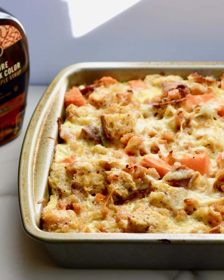 Breakfast Strata with Sweet Potatoes, chicken sausage and Multigrain Bread. Hearty and Healthy! Perfect weekend breakfast. Make ahead the night before and then just pop in the oven!