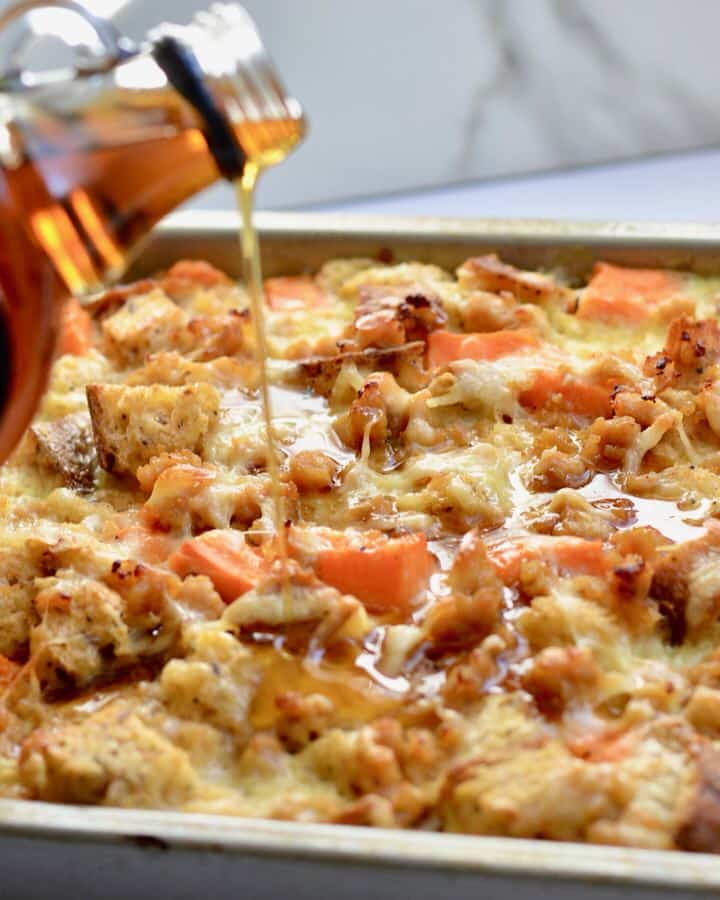 Breakfast Strata with Sweet Potatoes, chicken sausage and Multigrain Bread. Hearty and Healthy! Perfect weekend breakfast. Make ahead the night before and then just pop in the oven!