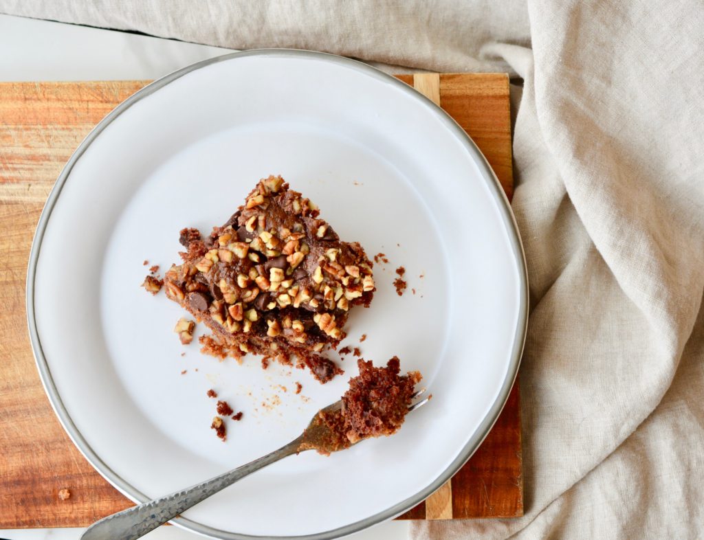 Chocolate Caramel Cake with chocolate chips and pecans - rich and decadent and super easy to make!