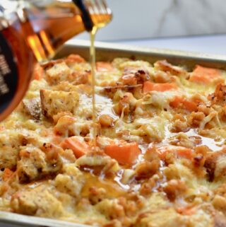 Breakfast Strata with Sweet Potatoes, chicken sausage and Multigrain Bread. Hearty and Healthy! Perfect weekend breakfast. Make ahead the night before and then just pop in the oven!