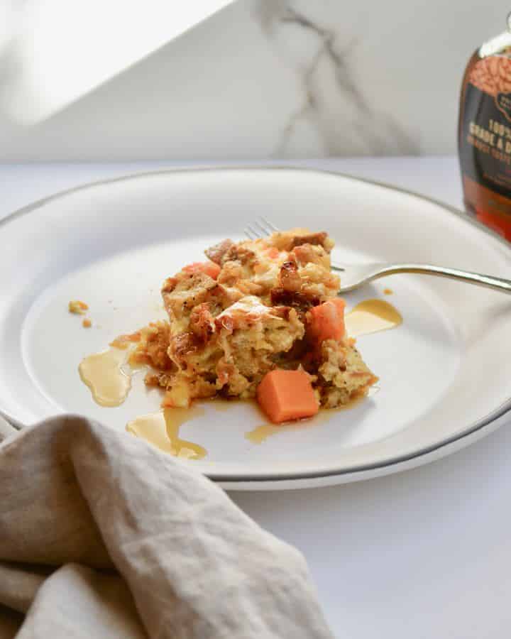 Breakfast Strata with Sweet Potatoes, chicken sausage and Multigrain Bread. Hearty and Healthy! Perfect weekend breakfast. Make ahead the night before and then just pop in the oven!