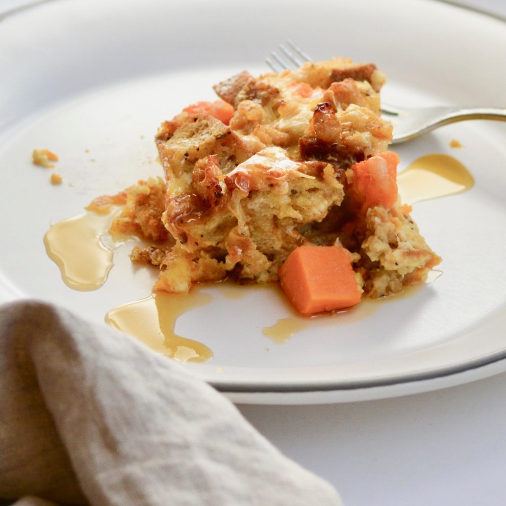 Breakfast Strata with Sweet Potatoes, chicken sausage and Multigrain Bread. Hearty and Healthy! Perfect weekend breakfast. Make ahead the night before and then just pop in the oven!