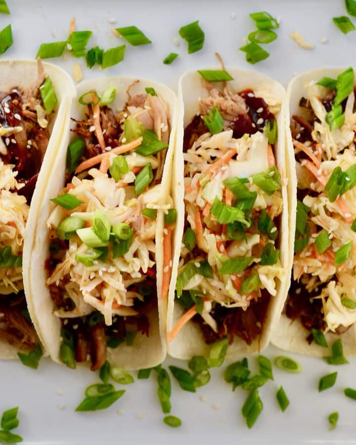 Korean BBQ Tacos with Quick Kimchi and Pulled Pork. Make Ahead Friendly!