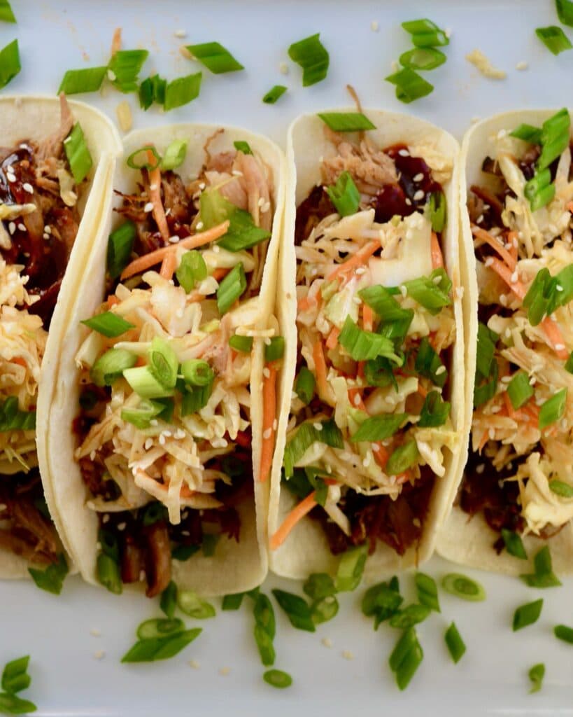 Korean BBQ Tacos with Quick Kimchi and Pulled Pork. Make Ahead Friendly!