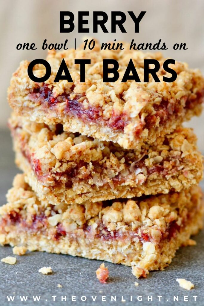 Berry Oat Bars with No Refined Sugar. Simple recipe, ready in less than 30 minutes. Raspberry preserves tucked inside layers of crumbly oat mixture. Perfect for breakfast or dessert!