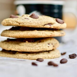 Chewy Espresso Dark Chocolate Chip Cookies. Simple recipe comes together quickly. Soft and so full of mocha espresso chocolate flavor. Large bakery style cookies with amazing texture and flavor! You'll love this recipe!