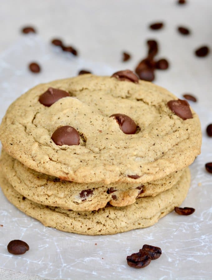 Chewy Espresso Dark Chocolate Chip Cookies. Simple recipe comes together quickly. Soft and so full of mocha espresso chocolate flavor. Large bakery style cookies with amazing texture and flavor! You'll love this recipe!