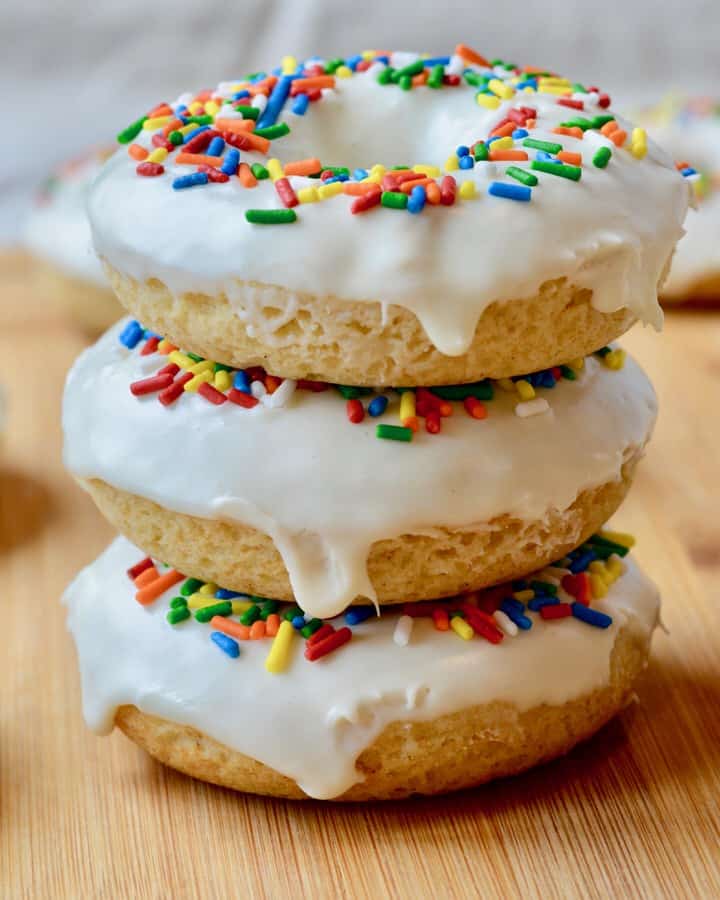 Vegan Vanilla Baked Donuts - simple recipe using warmed vanilla frosting in a can. So easy and so delicious!