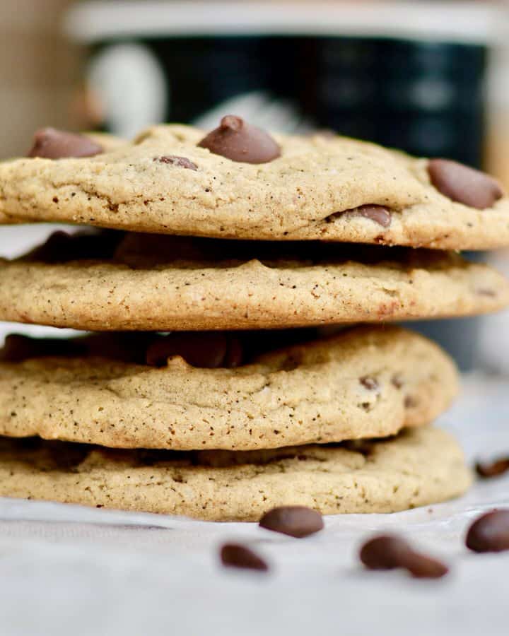 Chewy Espresso Dark Chocolate Chip Cookies. Simple recipe comes together quickly. Soft and so full of mocha espresso chocolate flavor. Large bakery style cookies with amazing texture and flavor! You'll love this recipe!