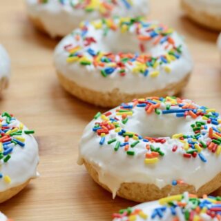 Vegan Vanilla Baked Donuts - simple recipe using warmed vanilla frosting in a can. So easy and so delicious!