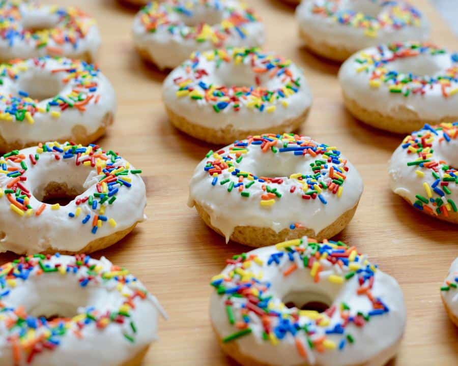 Vegan Vanilla Baked Donuts - simple recipe using warmed vanilla frosting in a can. So easy and so delicious!