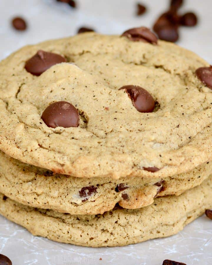 Chewy Espresso Dark Chocolate Chip Cookies. Simple recipe comes together quickly. Soft and so full of mocha espresso chocolate flavor. Large bakery style cookies with amazing texture and flavor! You'll love this recipe!