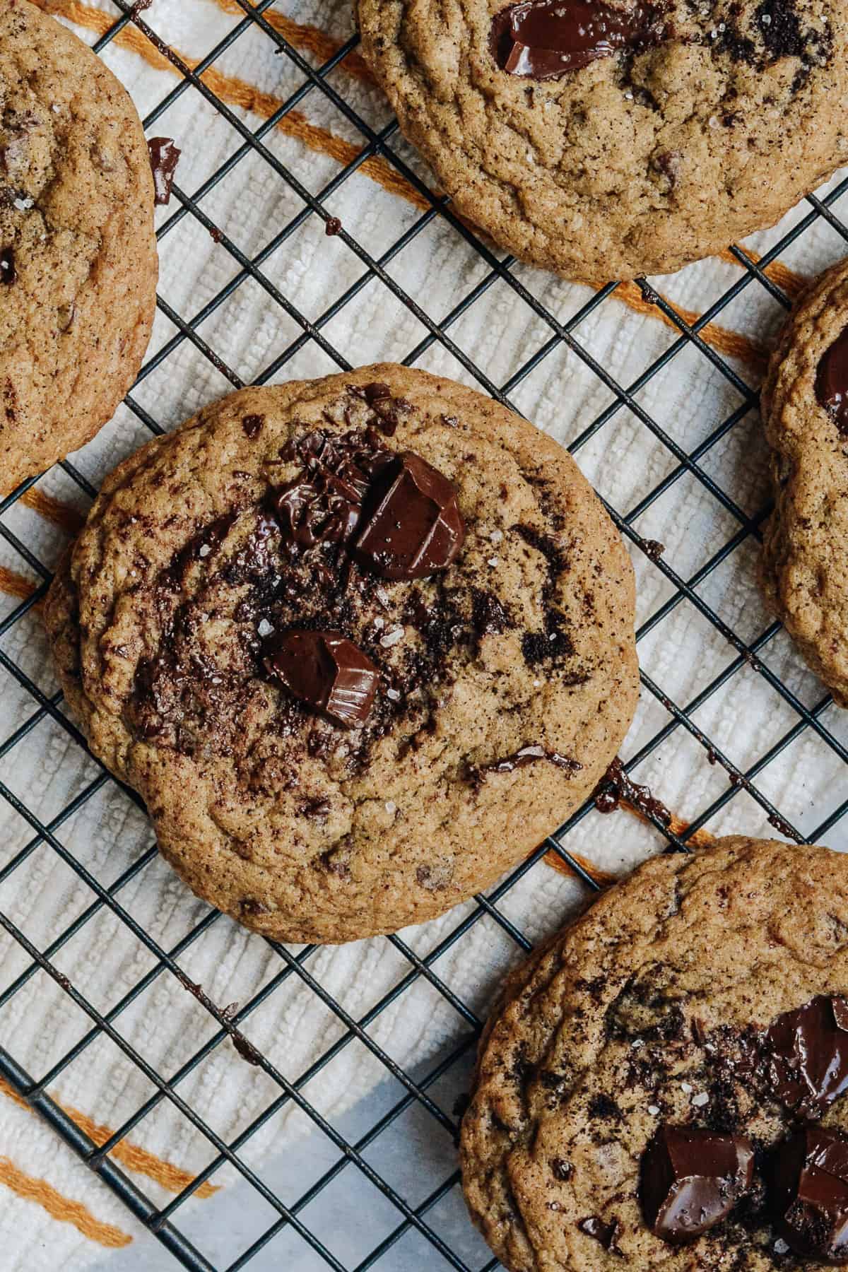 Espresso chocolate chip cookies on cooling rack.