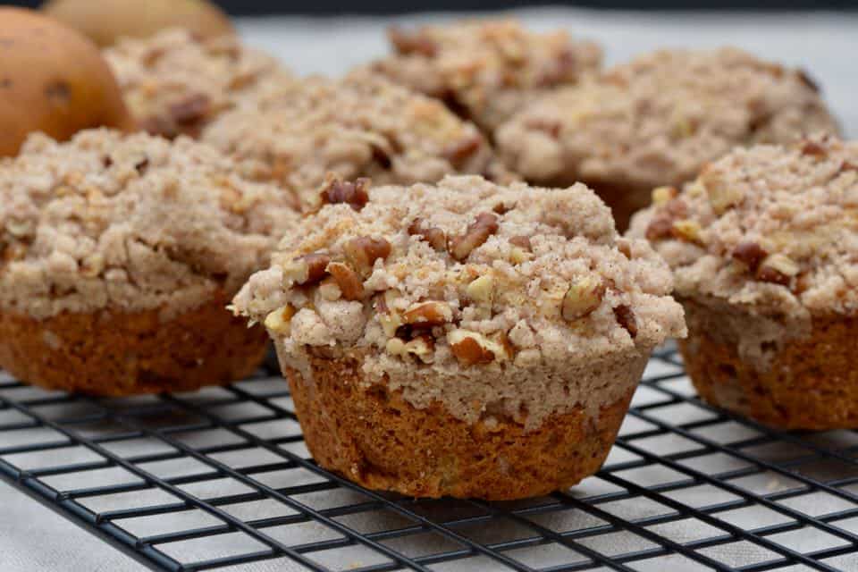 Pear muffins with pecan streudel or crumb topping. Delicious and moist recipe