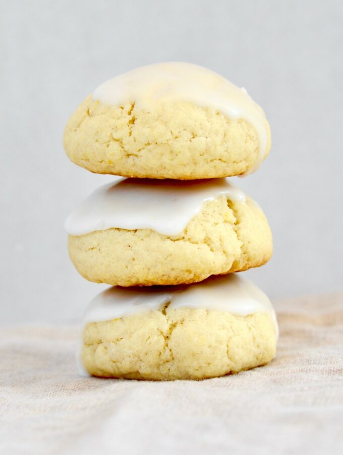 Stack of 3 Almond Lemon Cake Cookies with lemon glaze. Delicious and soft!