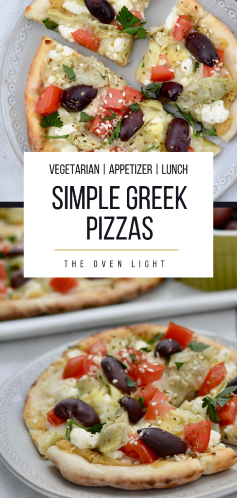 Easy Greek Pizza Recipe - Hummus, Feta, Tomatoes, Kalamata Olives, Artichoke Hearts, and olive oil. Looking for Vegetarian Lunch Ideas? This one is perfect!