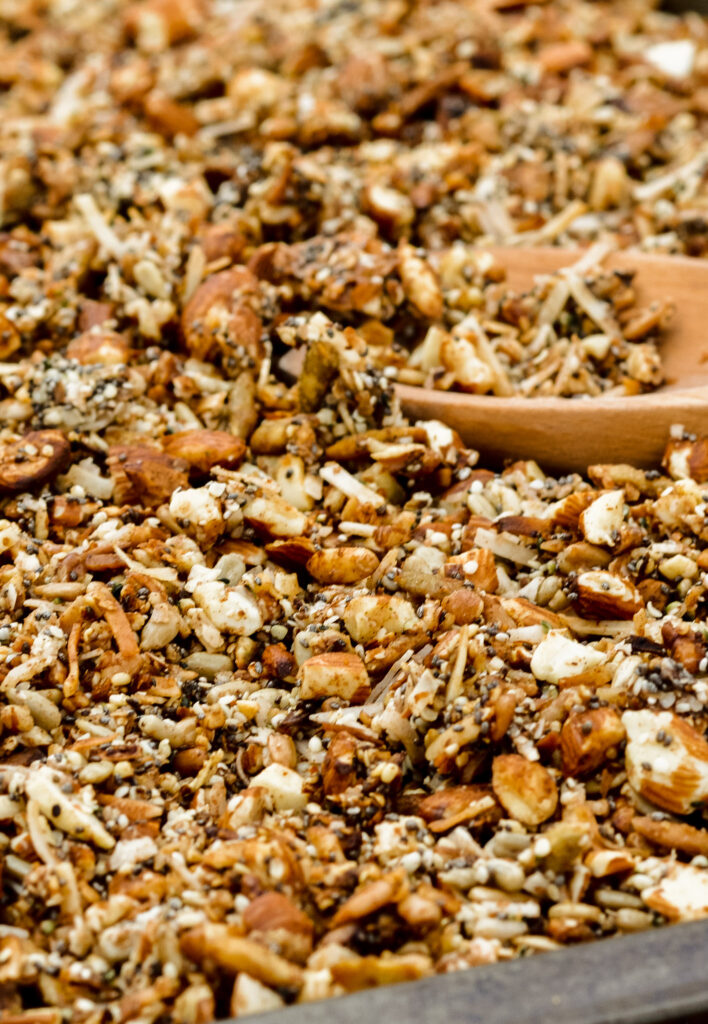 Healthy Grain Free Granola packed with protein. Almonds, chia, hemp, all sweetened with a touch of honey.